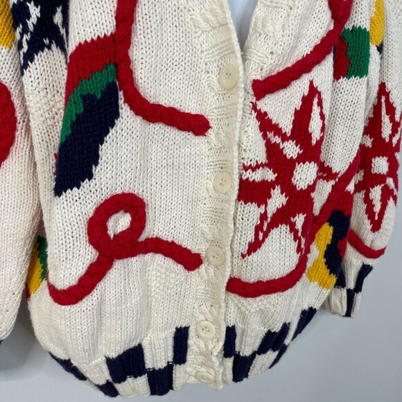 Izod Vintage NAUTICAL CHUNKY Cardigan Sweater Womens Sz M Old Money Hand Knit - Picture 4 of 14